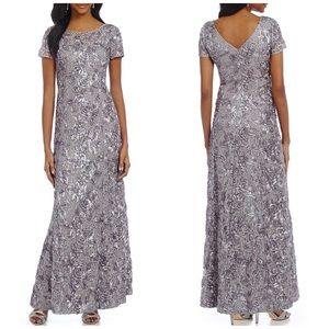 Alex Evenings Sequined Lace Rosette Rose Short Sleeve Gown Dove Gray Size 6